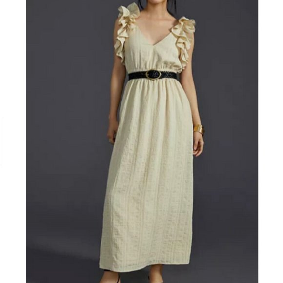 Anthropologie Mare Mare XL NWT Flutter-Sleeve Maxi Dress Ruffle Neutral - Picture 1 of 8
